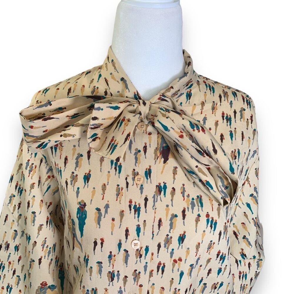 Vintage Multicolor Patterned Blouse with Bow Tie - Picture 9 of 9